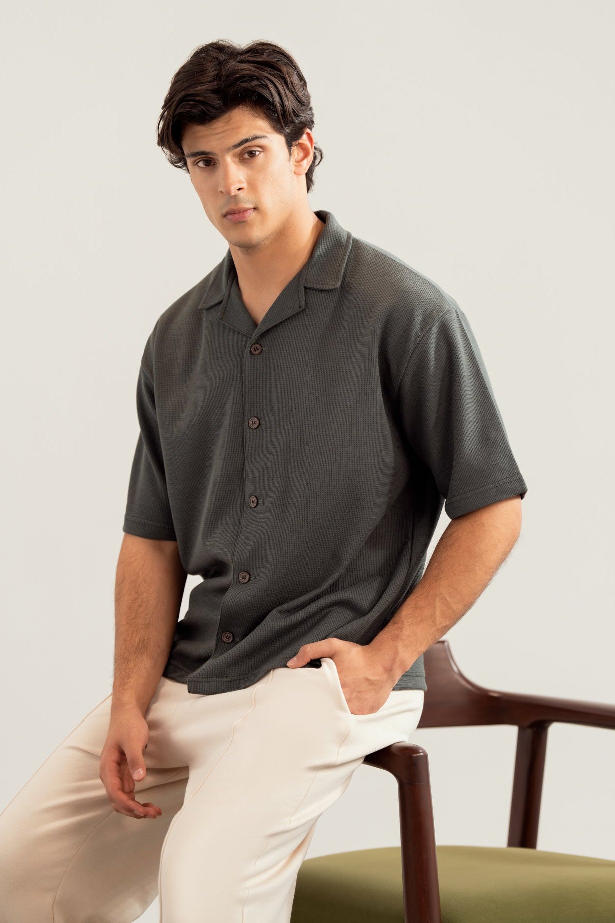 Deep Olive Waffle Boxy Revere Button Down - Men - Men