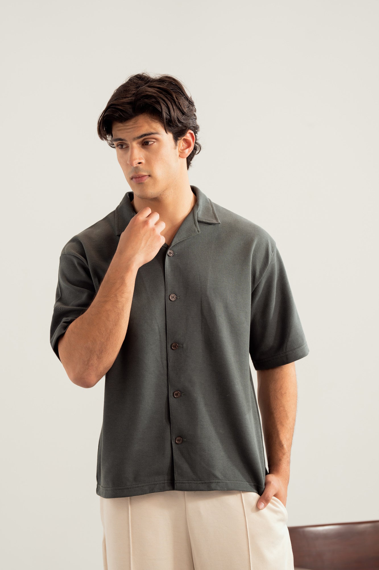 Deep Olive Waffle Boxy Revere Button Down - Men - Men