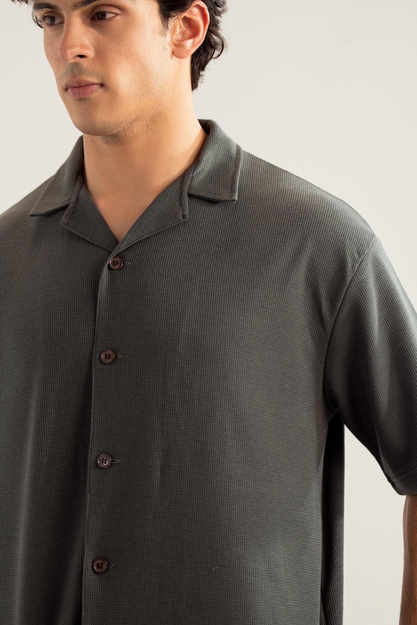 Deep Olive Waffle Boxy Revere Button Down - Men - Men