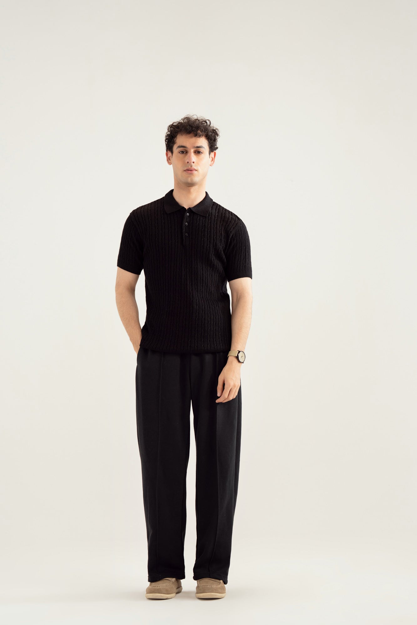 Black Cable Knit Polo - Men - Men