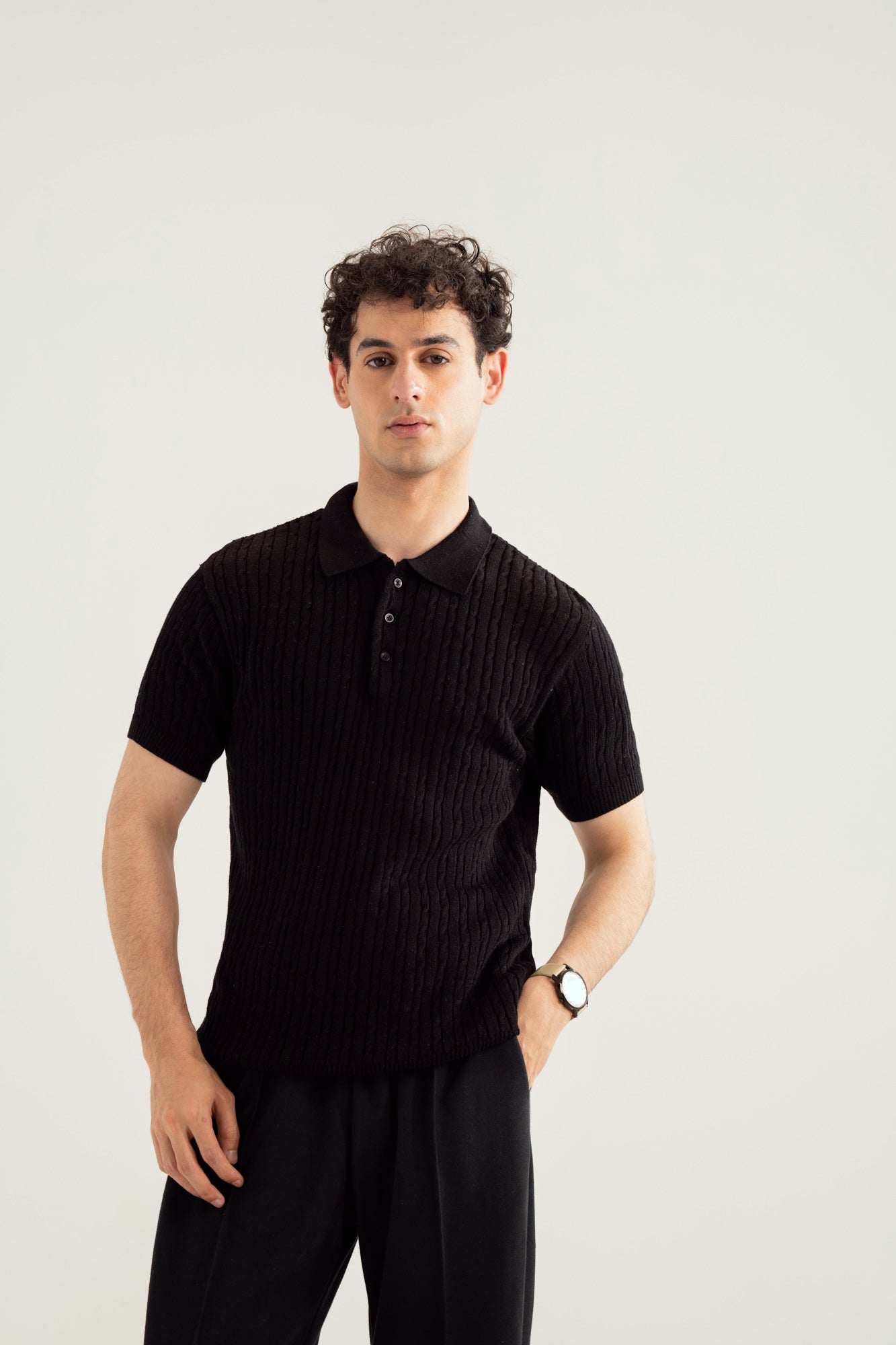 Black Cable Knit Polo - Men - Men