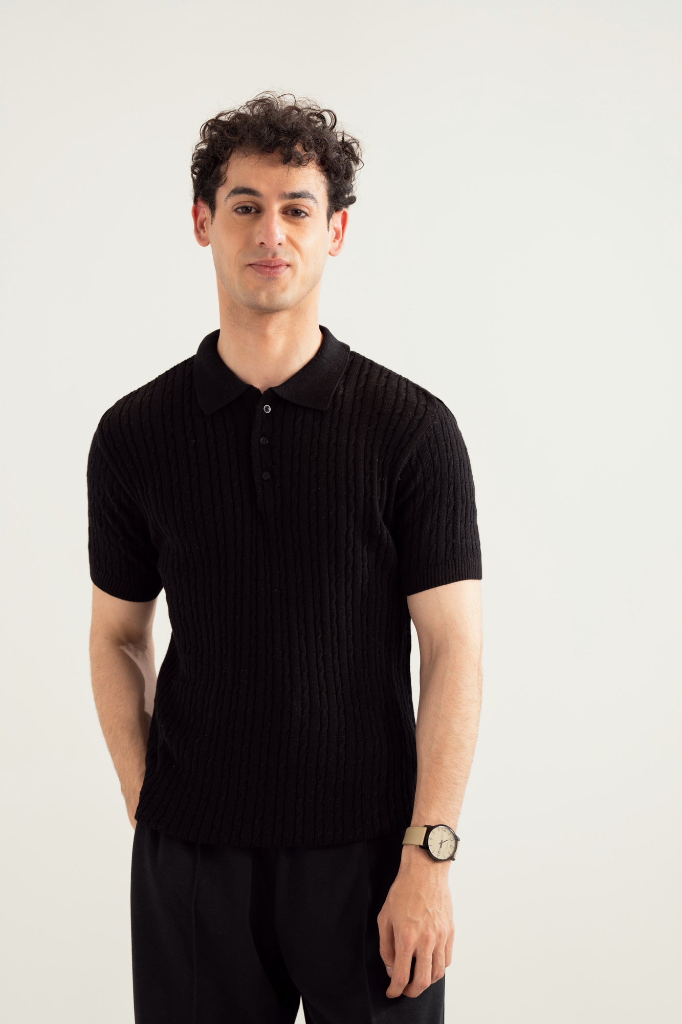 Black Cable Knit Polo - Men - Men