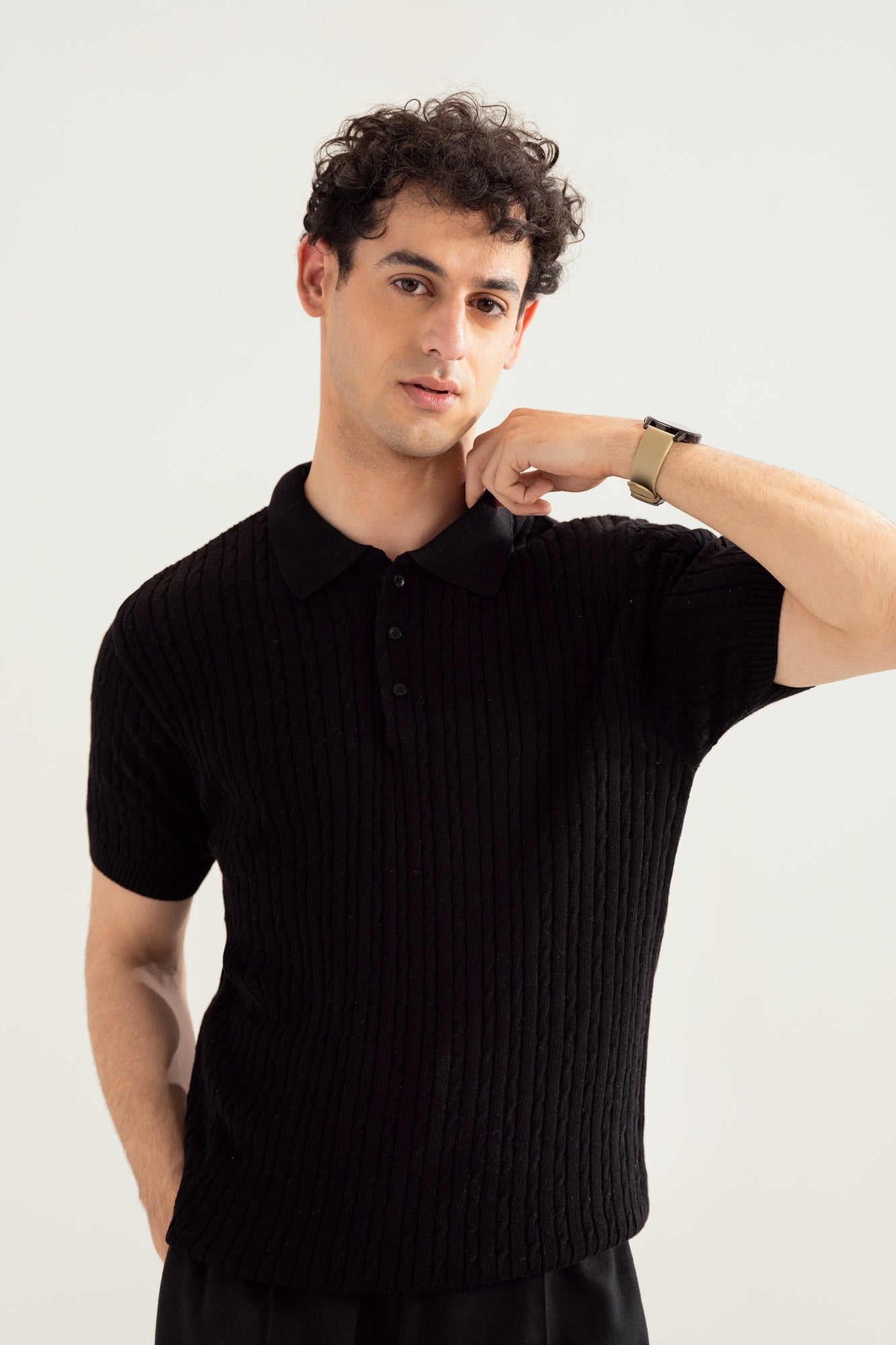 Black Cable Knit Polo - Men - Men