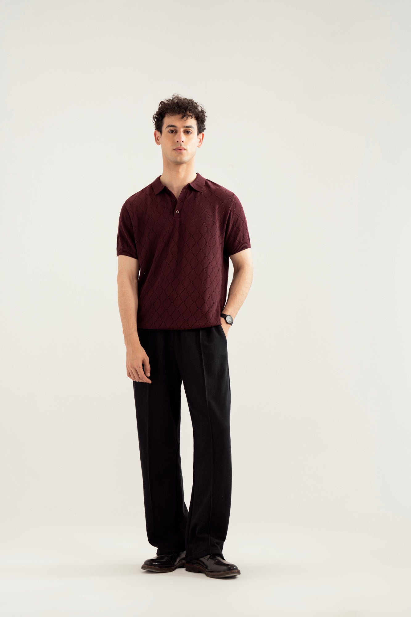 Deep Burgundy Crocheted Diamond Knitted Polo - Men - Men