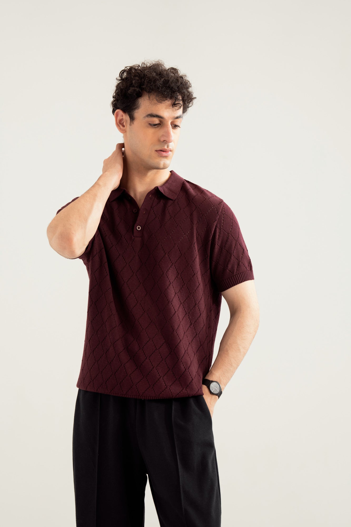 Deep Burgundy Crocheted Diamond Knitted Polo - Men - Men