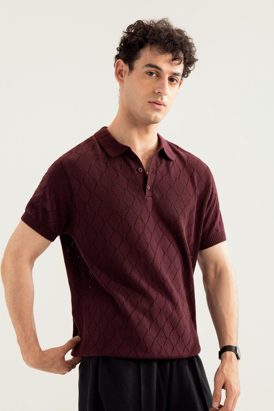 Deep Burgundy Crocheted Diamond Knitted Polo - Men - Men