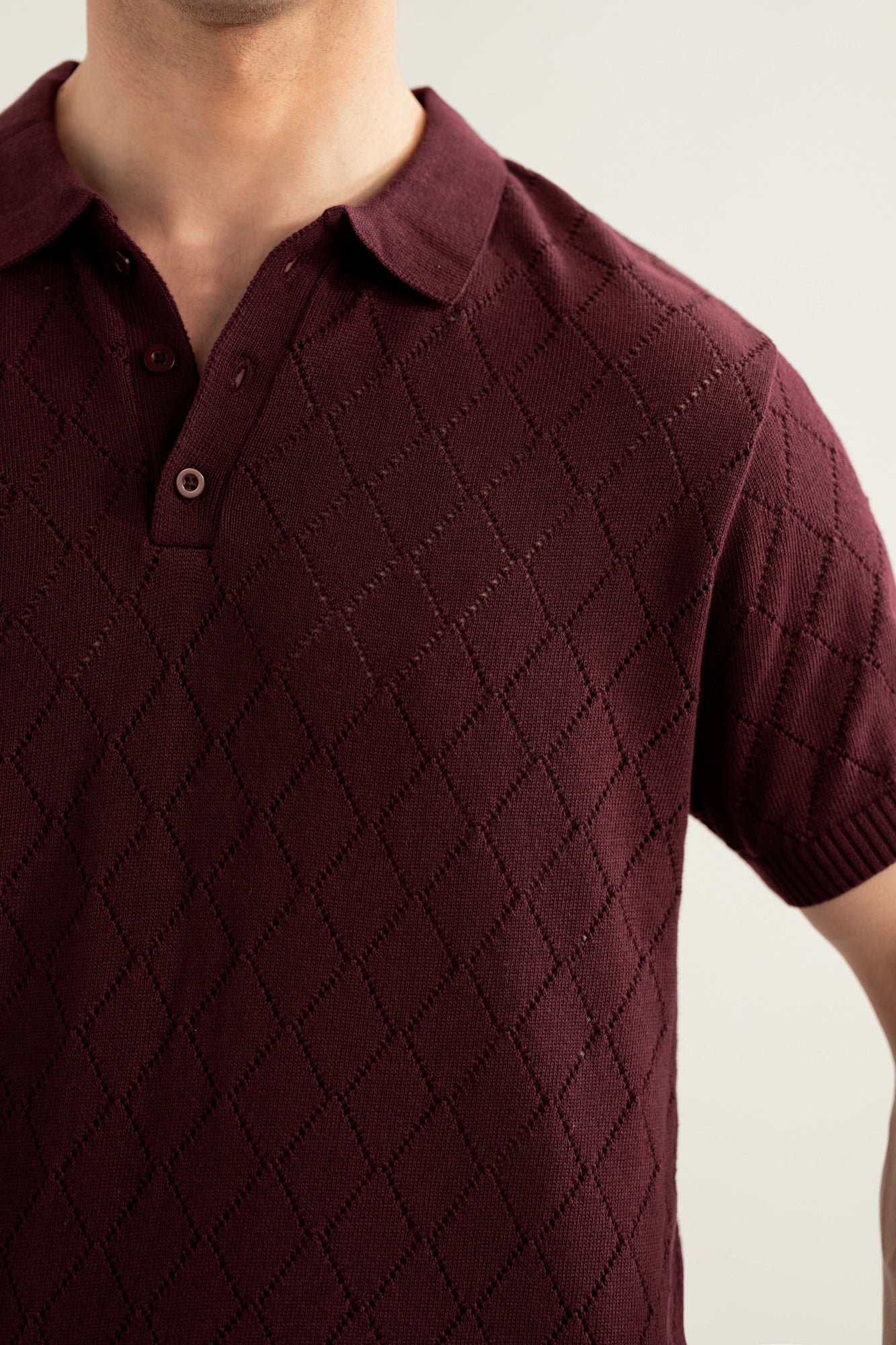 Deep Burgundy Crocheted Diamond Knitted Polo - Men - Men