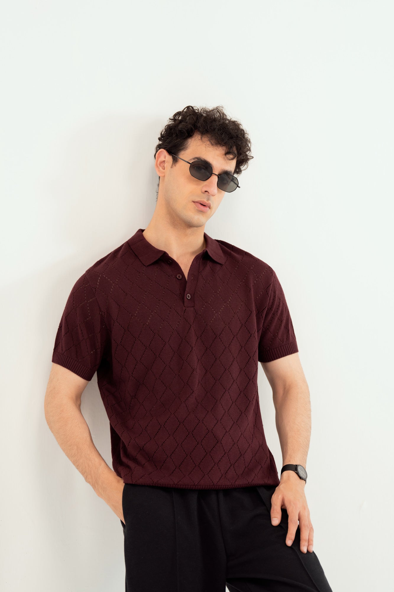 Deep Burgundy Crocheted Diamond Knitted Polo - Men - Men