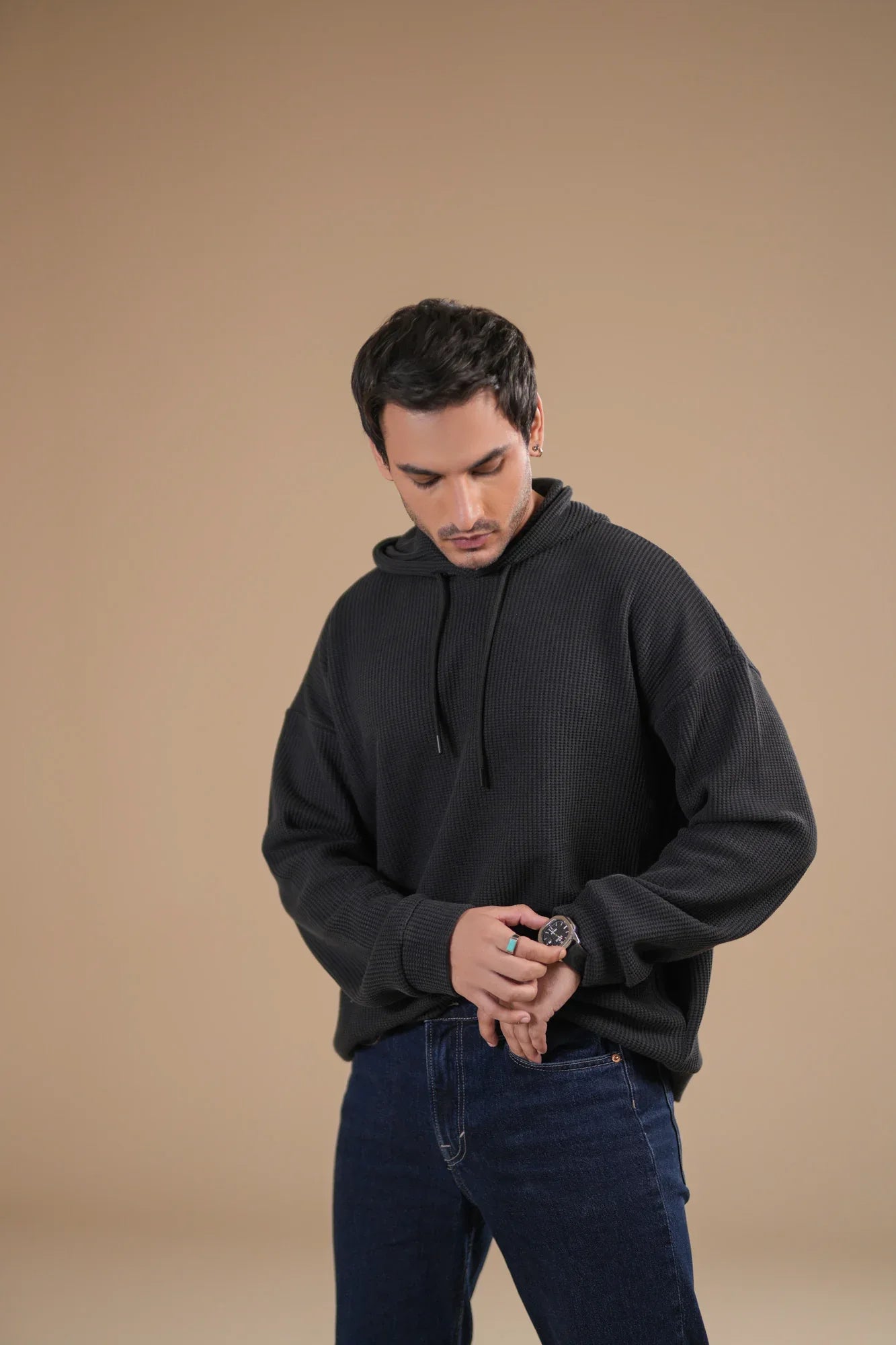 Black Waffle Pullover Hoodie - Relaxed Fit - Men - Muraqsh -- Men Western