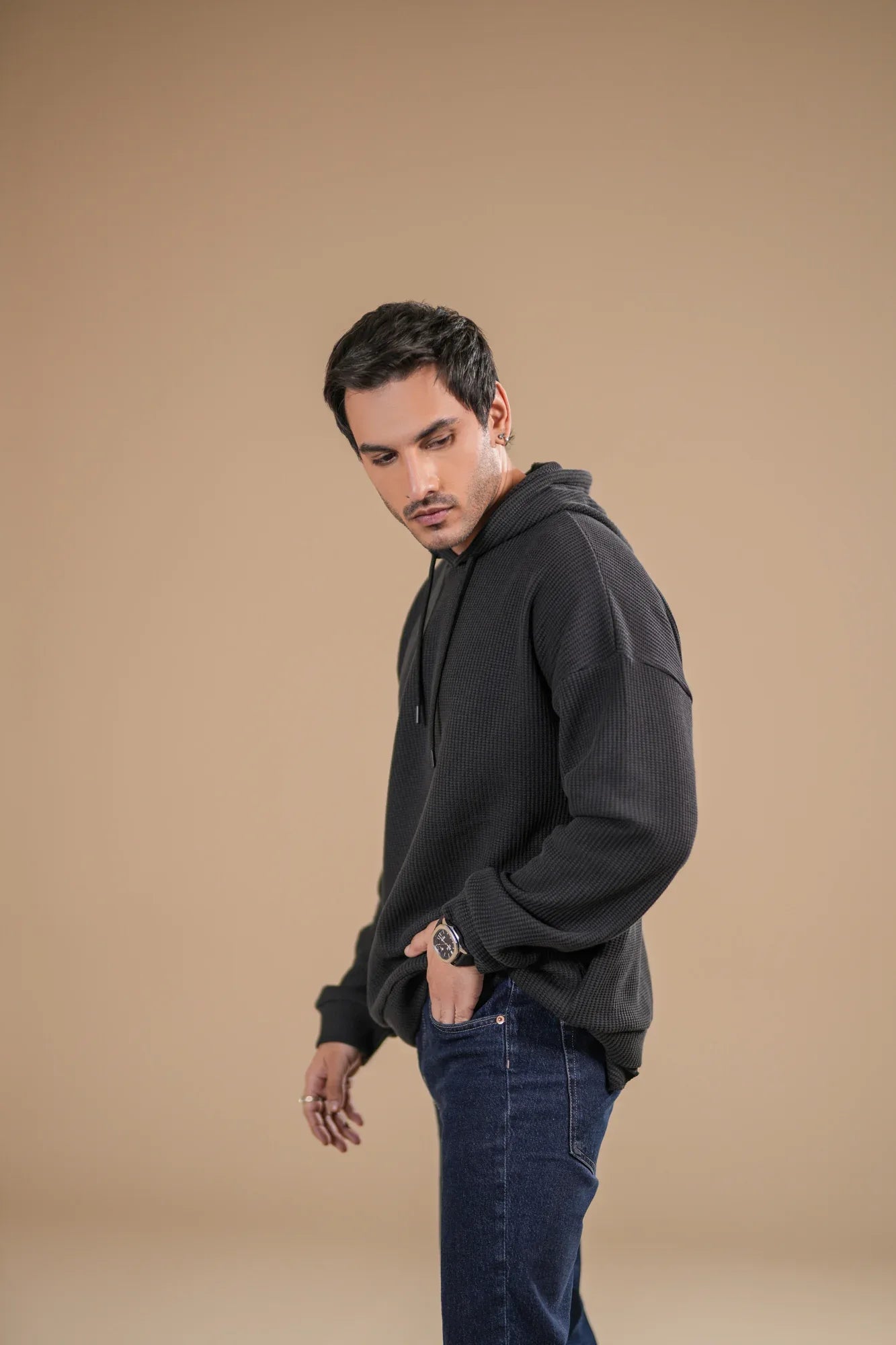 Black Waffle Pullover Hoodie - Relaxed Fit - Men - Muraqsh -- Men Western