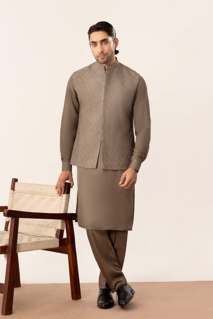Taupe Kurta Trouser with Embroidered Waistcoat  - 3PC