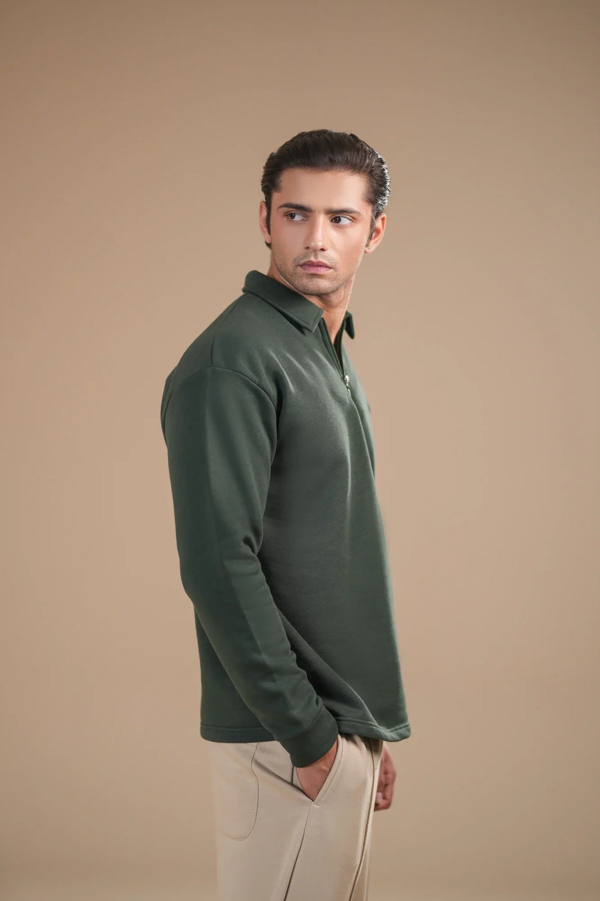 Deep Green Fleece Zipper Polo - Full Sleeves - Men - Muraqsh -- Men Western