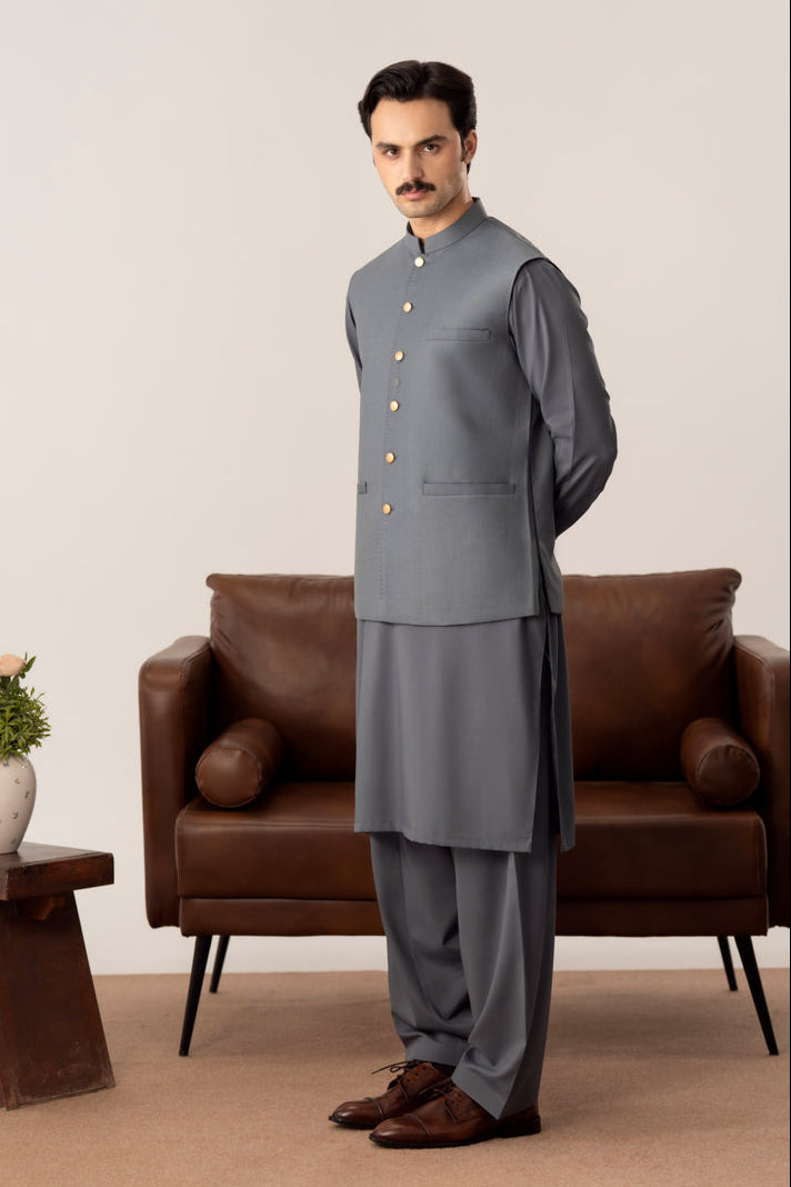 Bluish Grey Kurta Shalwar with Pick-Stitch Matching Waistcoat - Men