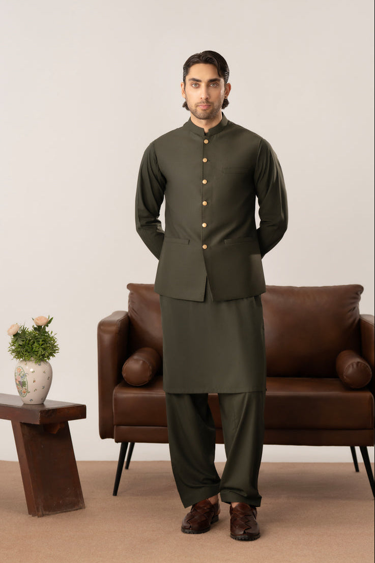 Army Green Kurta Shalwar with Pick-Stitch Matching Waistcoat - Men