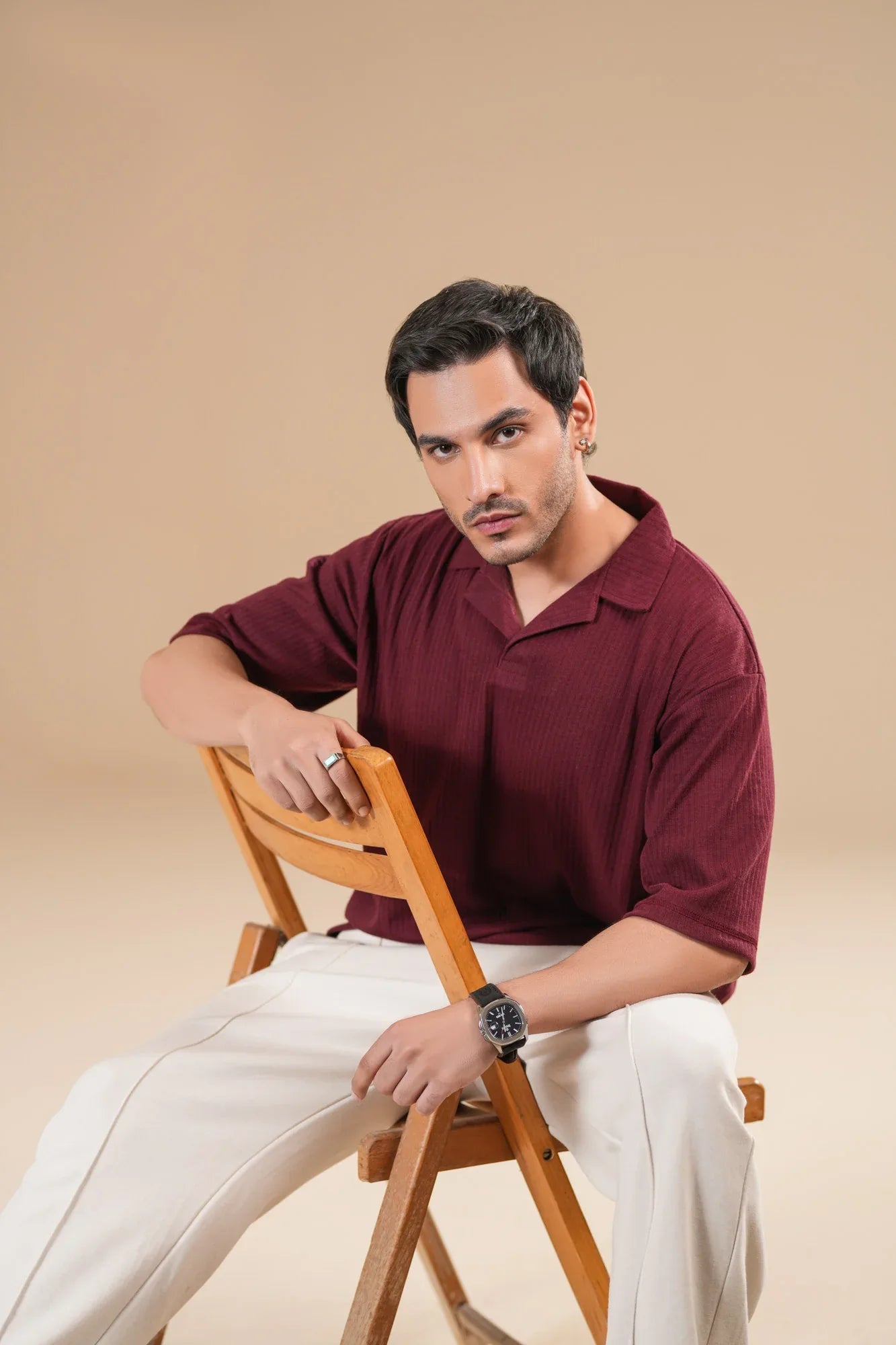 Maroon Ribbed Boxy Revere Polo - Men - Muraqsh -- Men Western