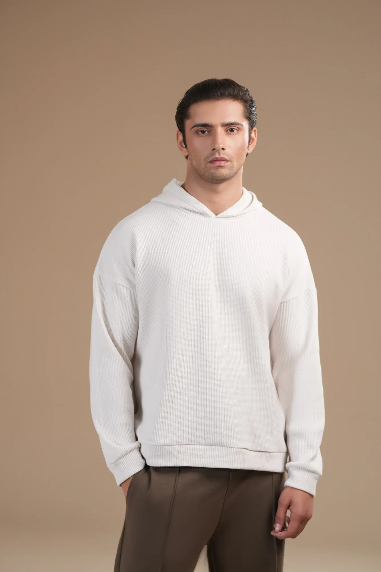 Off White Waffle Pullover Hoodie - Relaxed Fit - Men - Muraqsh -- Men Western