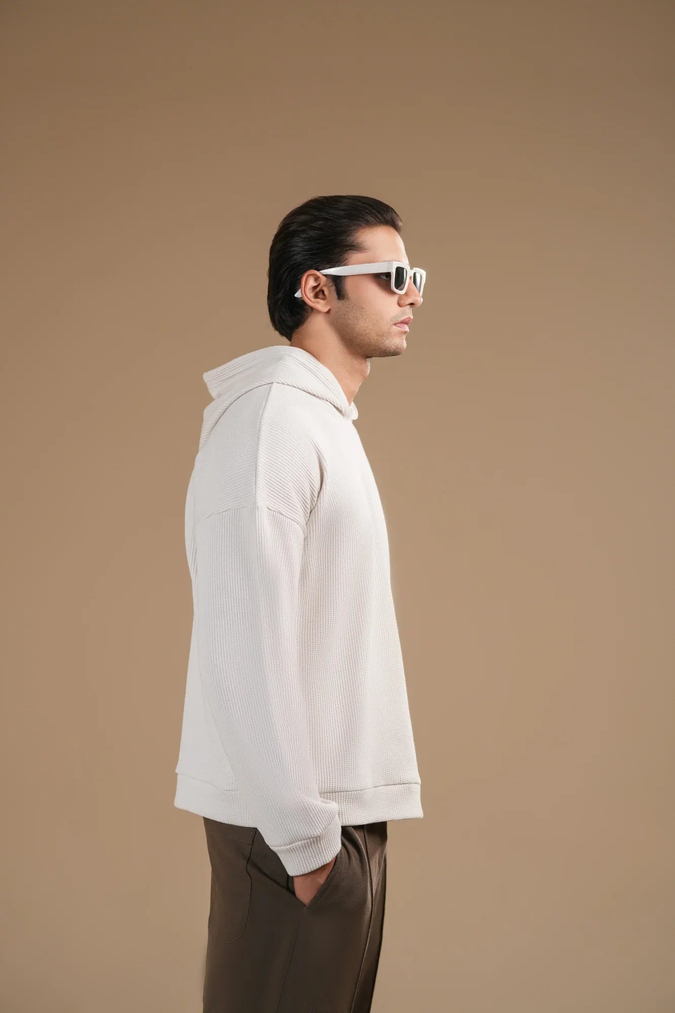 Off White Waffle Pullover Hoodie - Relaxed Fit - Men - Muraqsh -- Men Western
