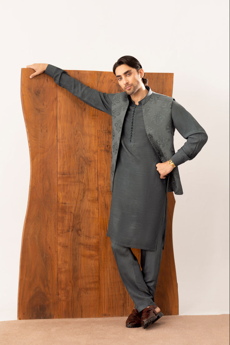 Army Green Kurta Trouser with Open Embroidered Waistcoat  - 3PC