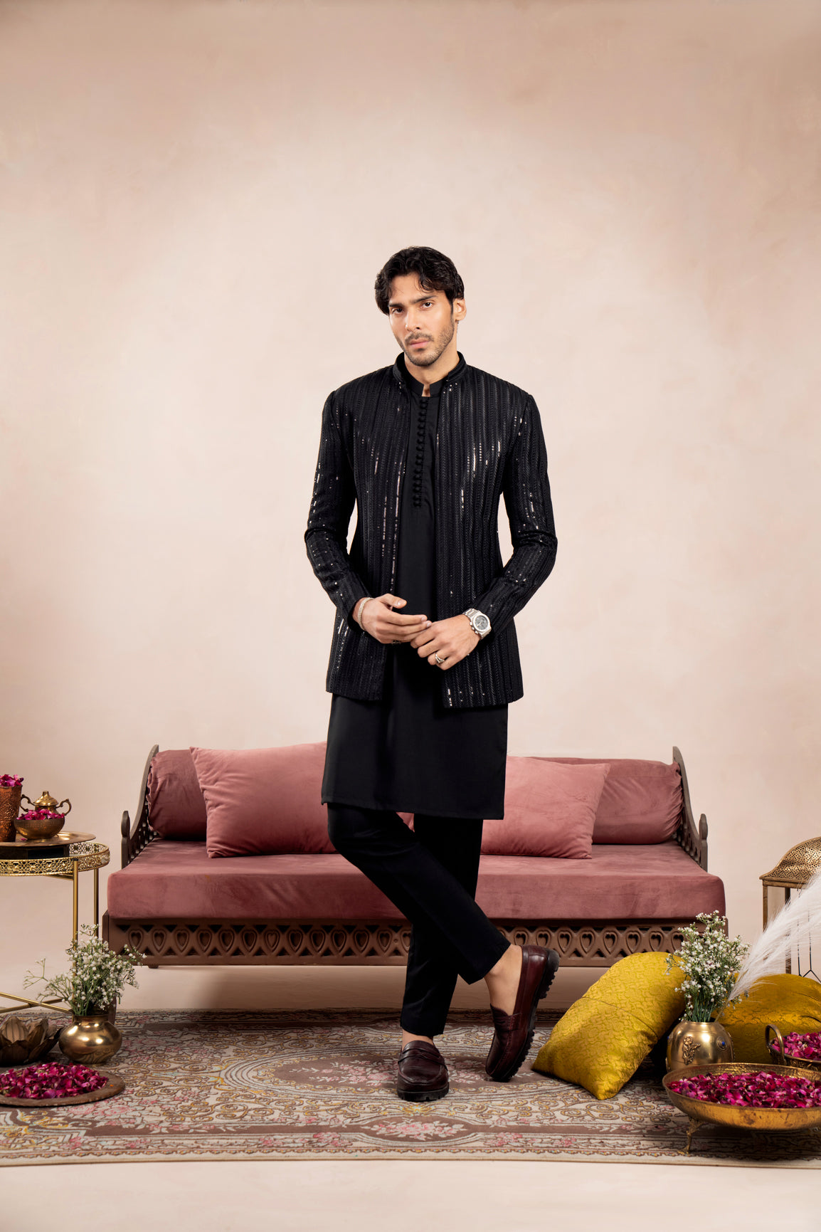 Black Loop Kurta Trouser with Falling Arrow Sequin Embroidered Open Prince Coat - 3PC - Men