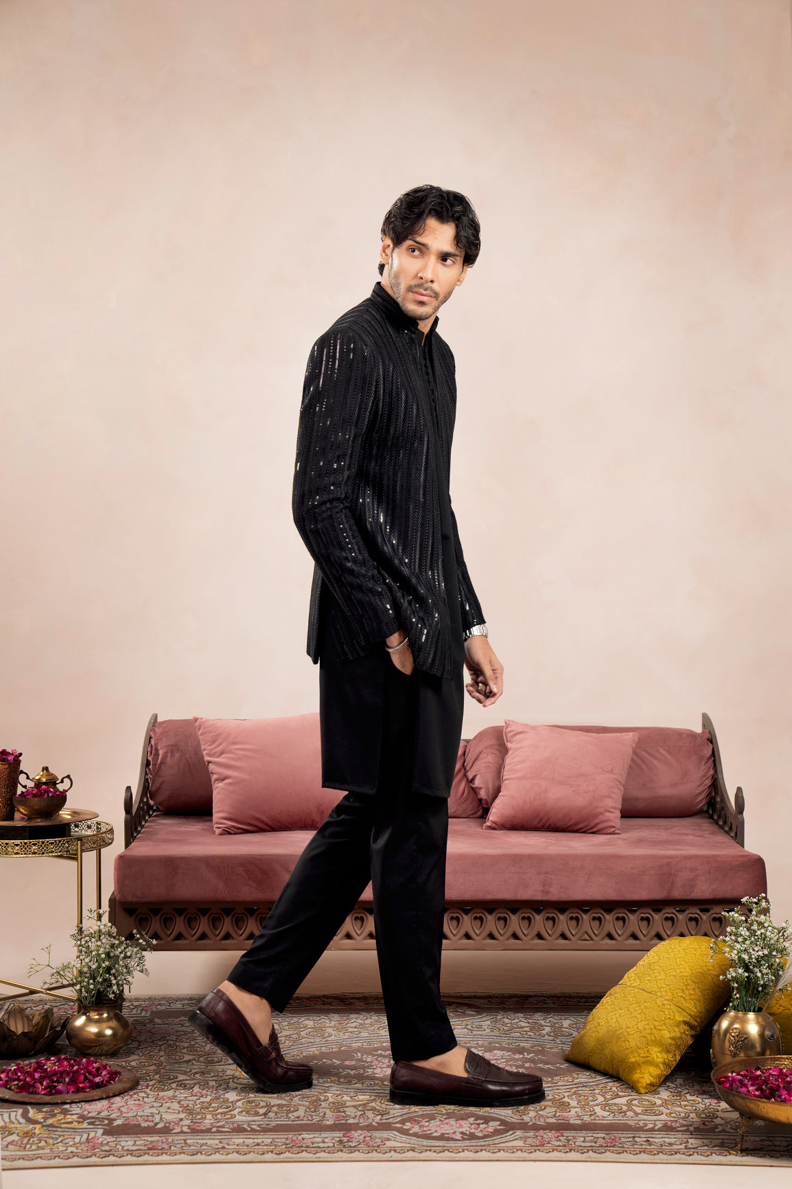 Black Loop Kurta Trouser with Falling Arrow Sequin Embroidered Open Prince Coat - 3PC - Men