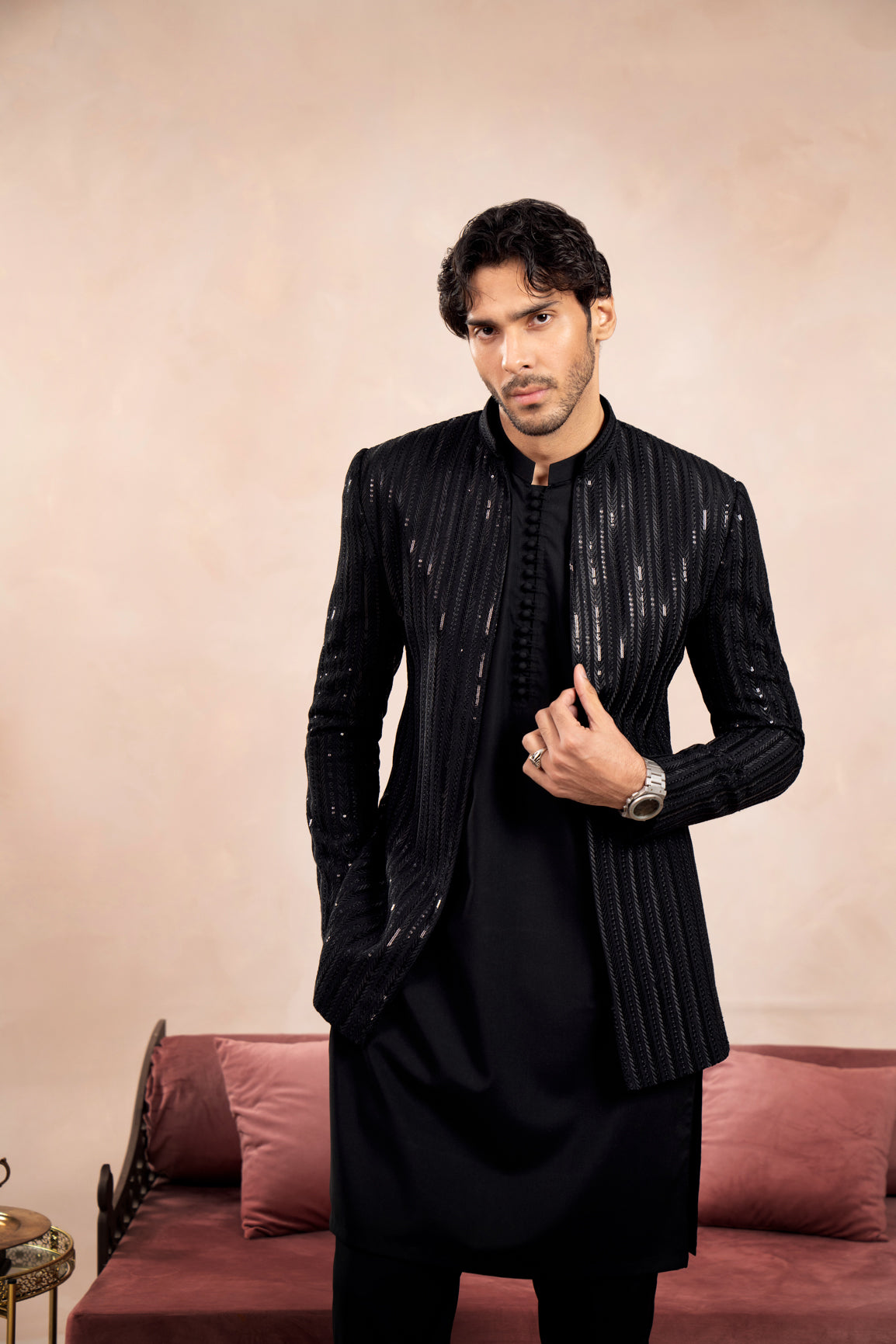 Black Loop Kurta Trouser with Falling Arrow Sequin Embroidered Open Prince Coat - 3PC - Men