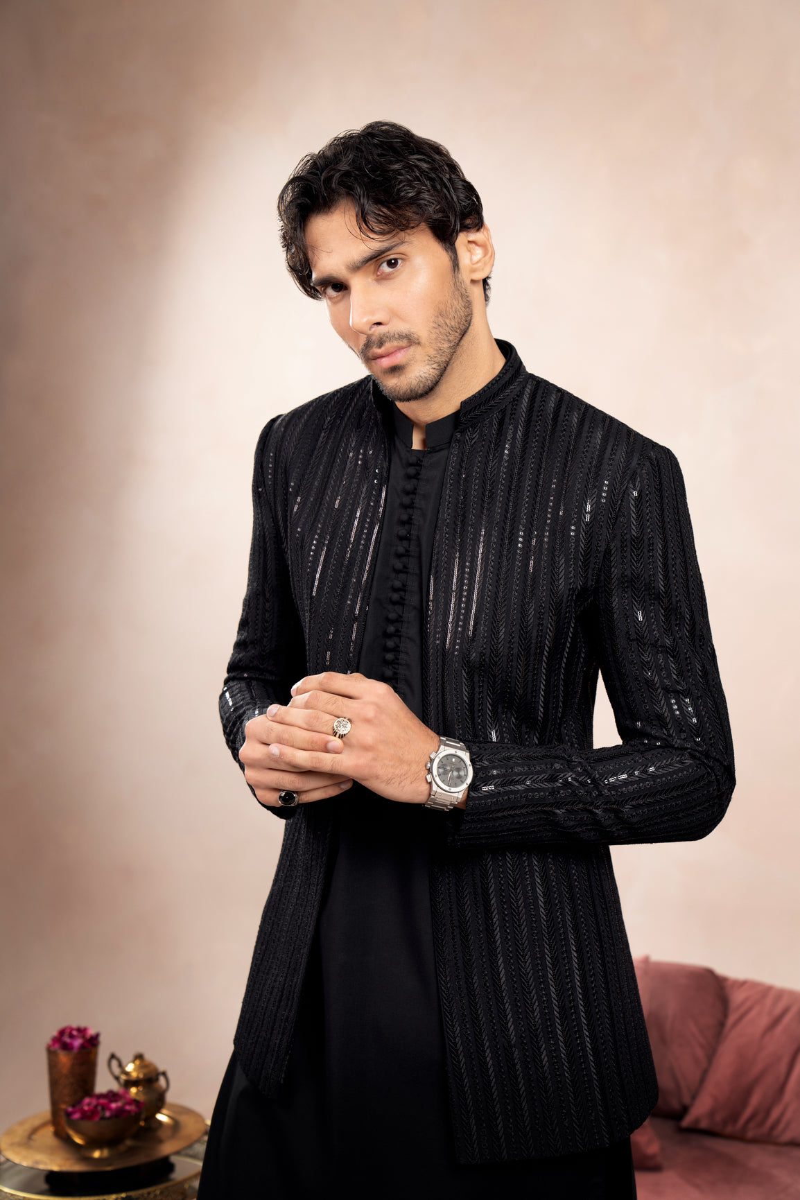 Black Falling Arrow Sequin Embroidered Open Prince Coat - Men