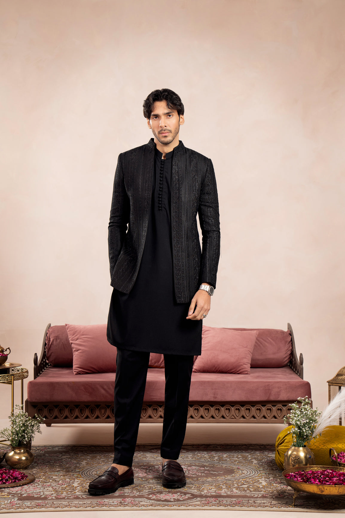 Black Loop Kurta Trouser with Falling Arrow Sequin Embroidered Open Prince Coat - 3PC - Men