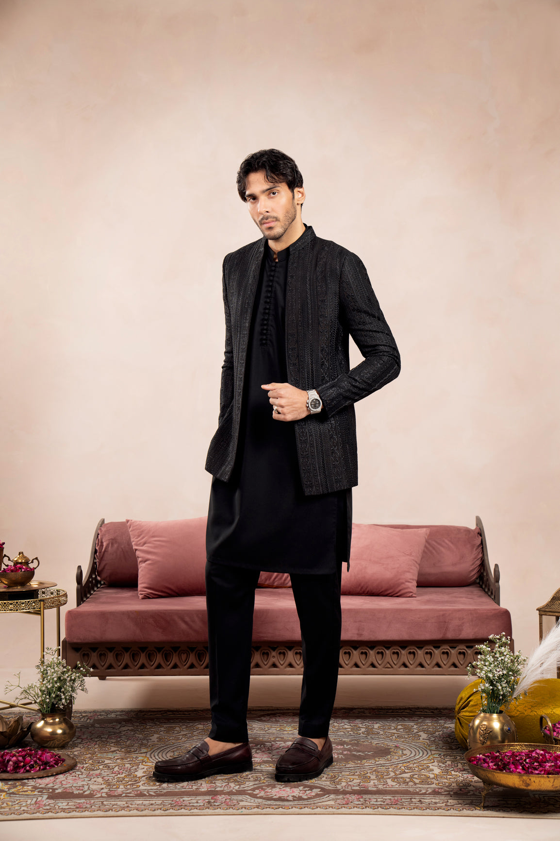 Black Cross Stitched Embroidered Open Prince Coat - Men