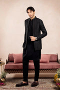 Black Loop Kurta Trouser with Cross Stitched Embroidered Open Prince Coat - 3PC - Men