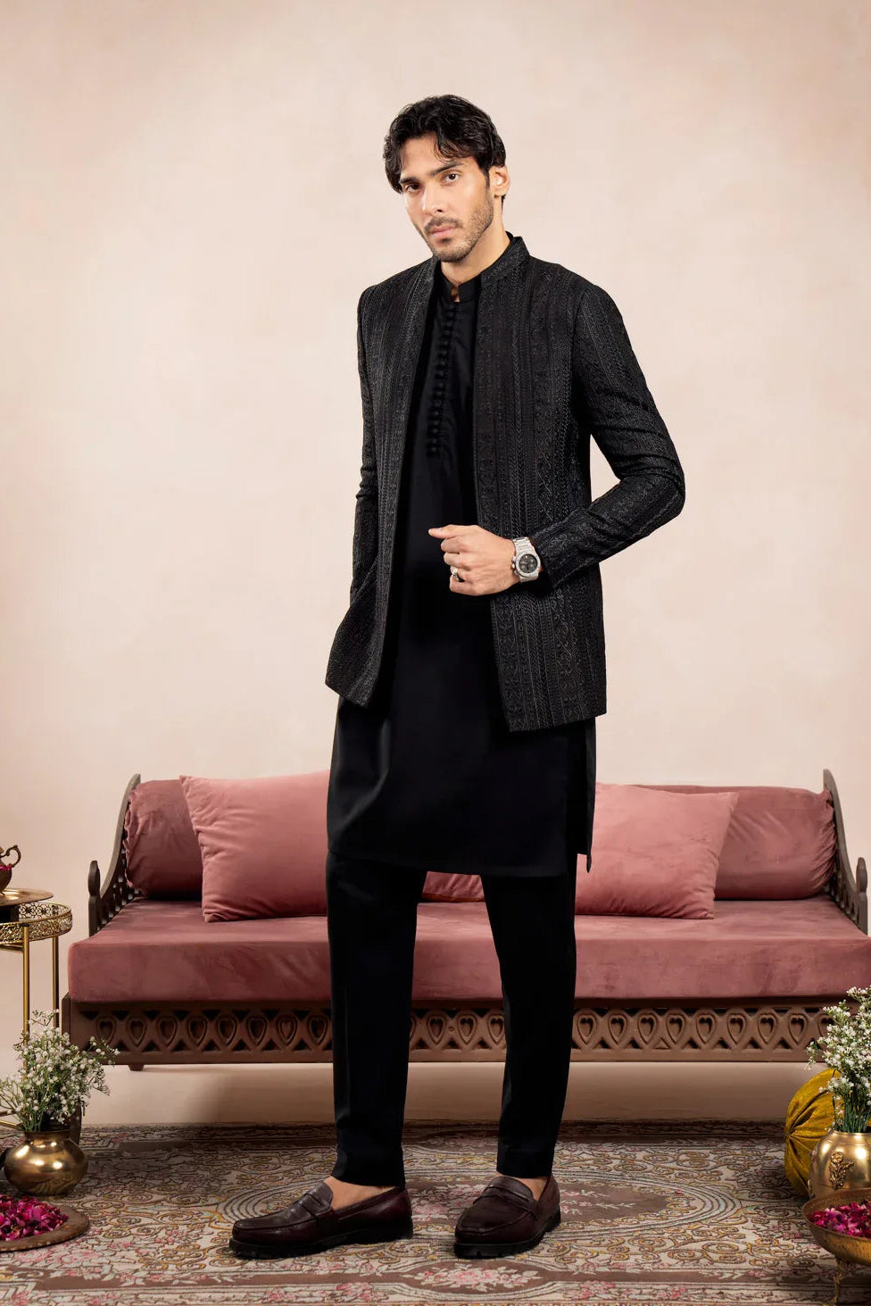 Black Loop Kurta Trouser with Cross Stitched Embroidered Open Prince Coat - 3PC - Men - Muraqsh -- Wedding Wear