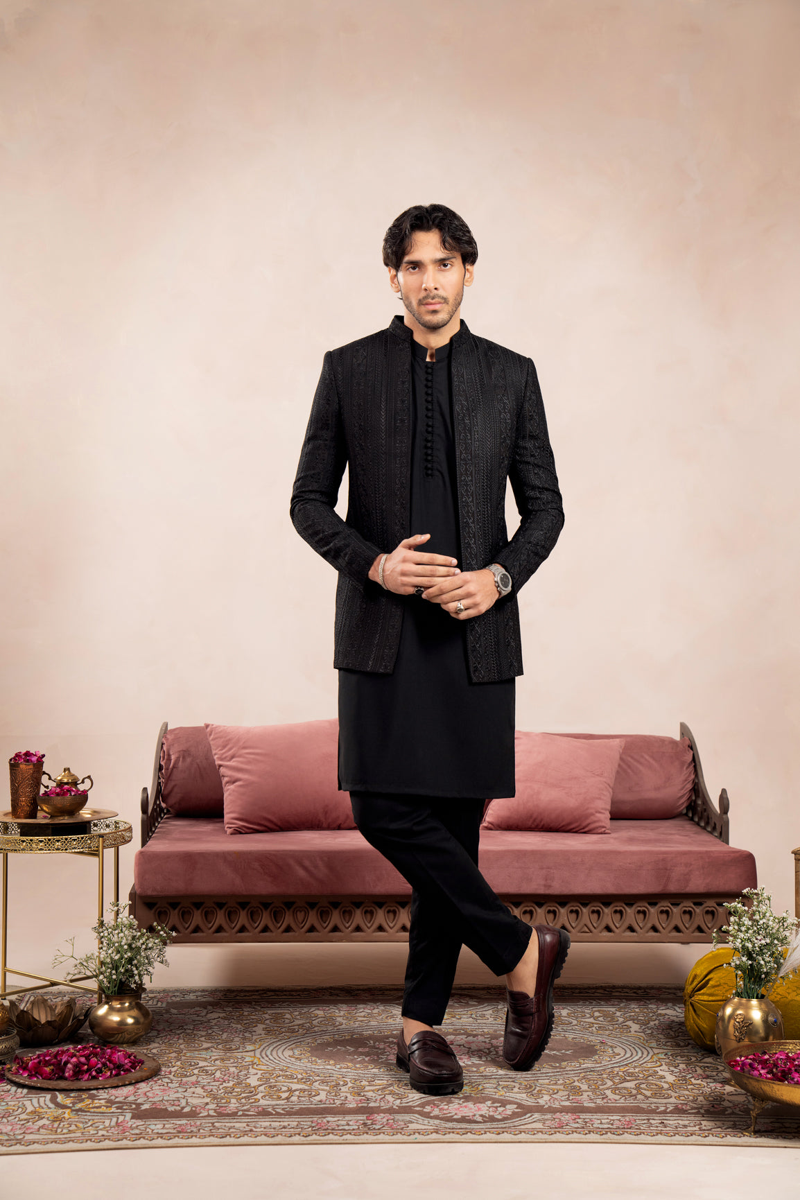 Black Loop Kurta Trouser with Cross Stitched Embroidered Open Prince Coat - 3PC - Men