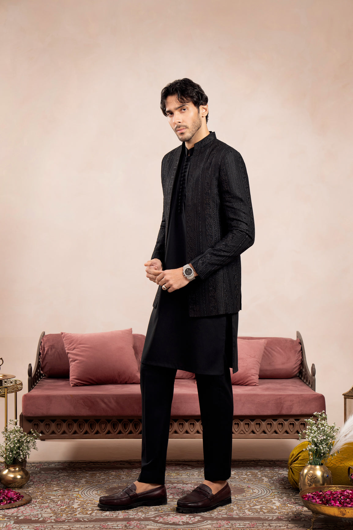 Black Loop Kurta Trouser with Cross Stitched Embroidered Open Prince Coat - 3PC - Men