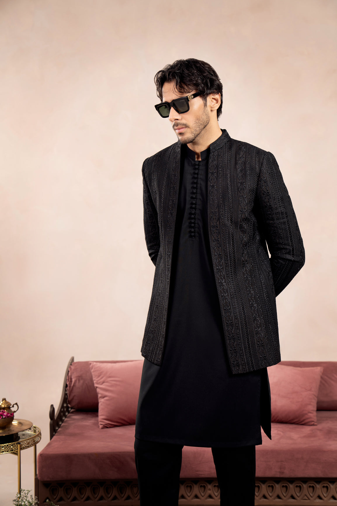 Black Cross Stitched Embroidered Open Prince Coat - Men