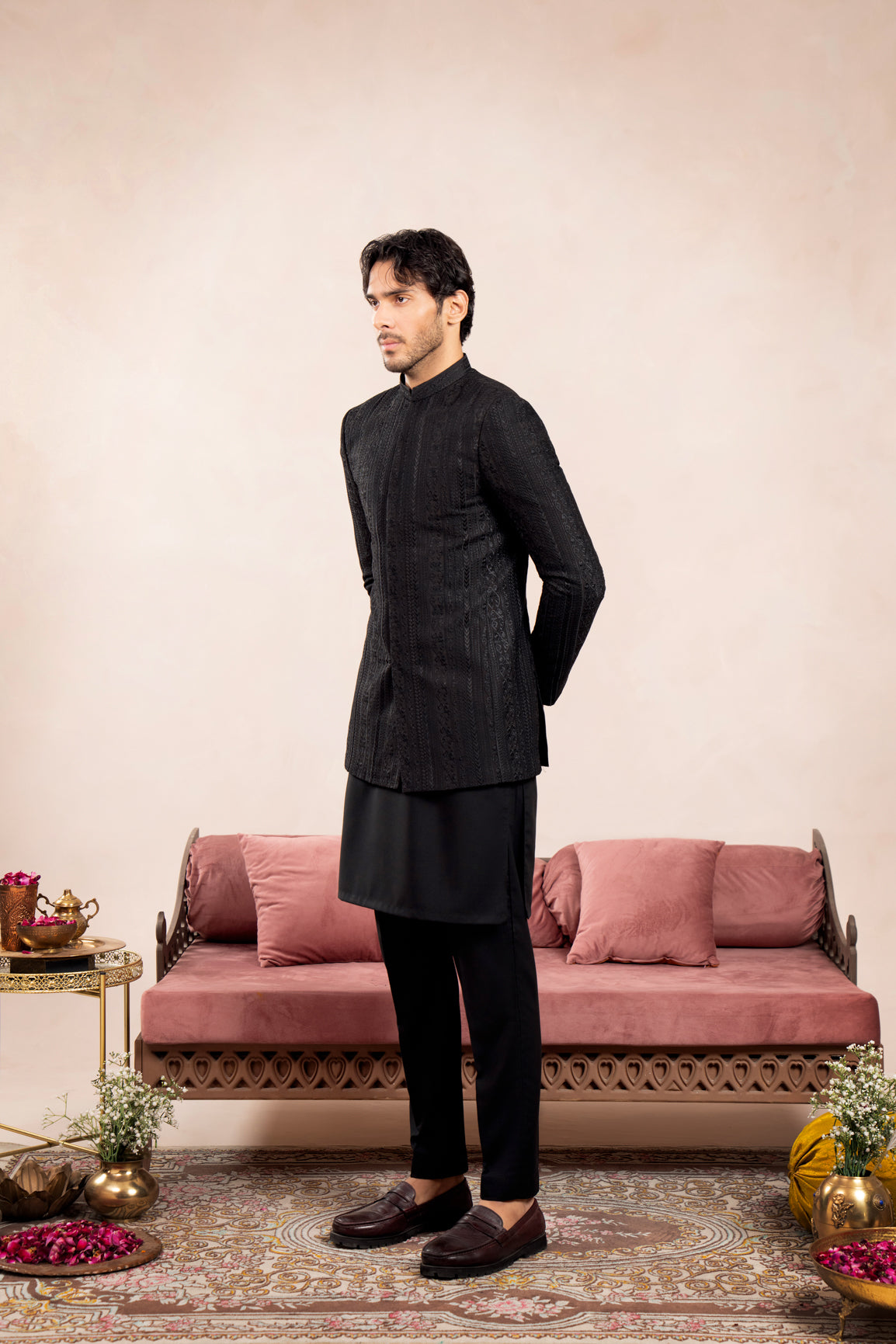 Black Cross Stitched Embroidered Prince Coat - Men