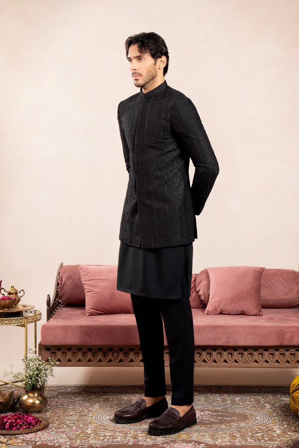 Black Kurta Trouser with Cross Stitched Embroidered Prince Coat - 3PC - Men - Muraqsh -- Wedding Wear