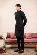 Black Kurta Trouser with Cross Stitched Embroidered Prince Coat - 3PC - Men