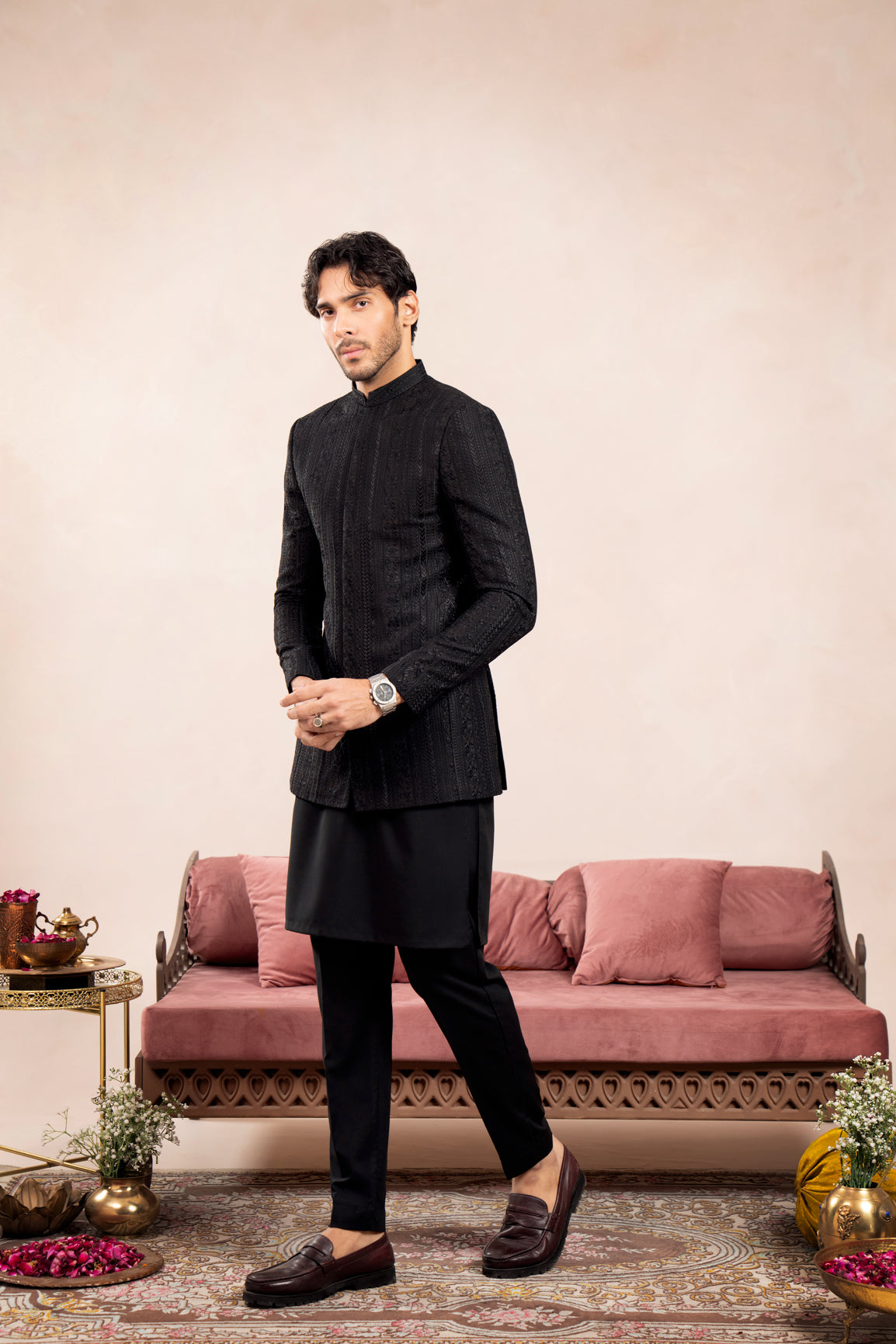 Black Cross Stitched Embroidered Prince Coat - Men