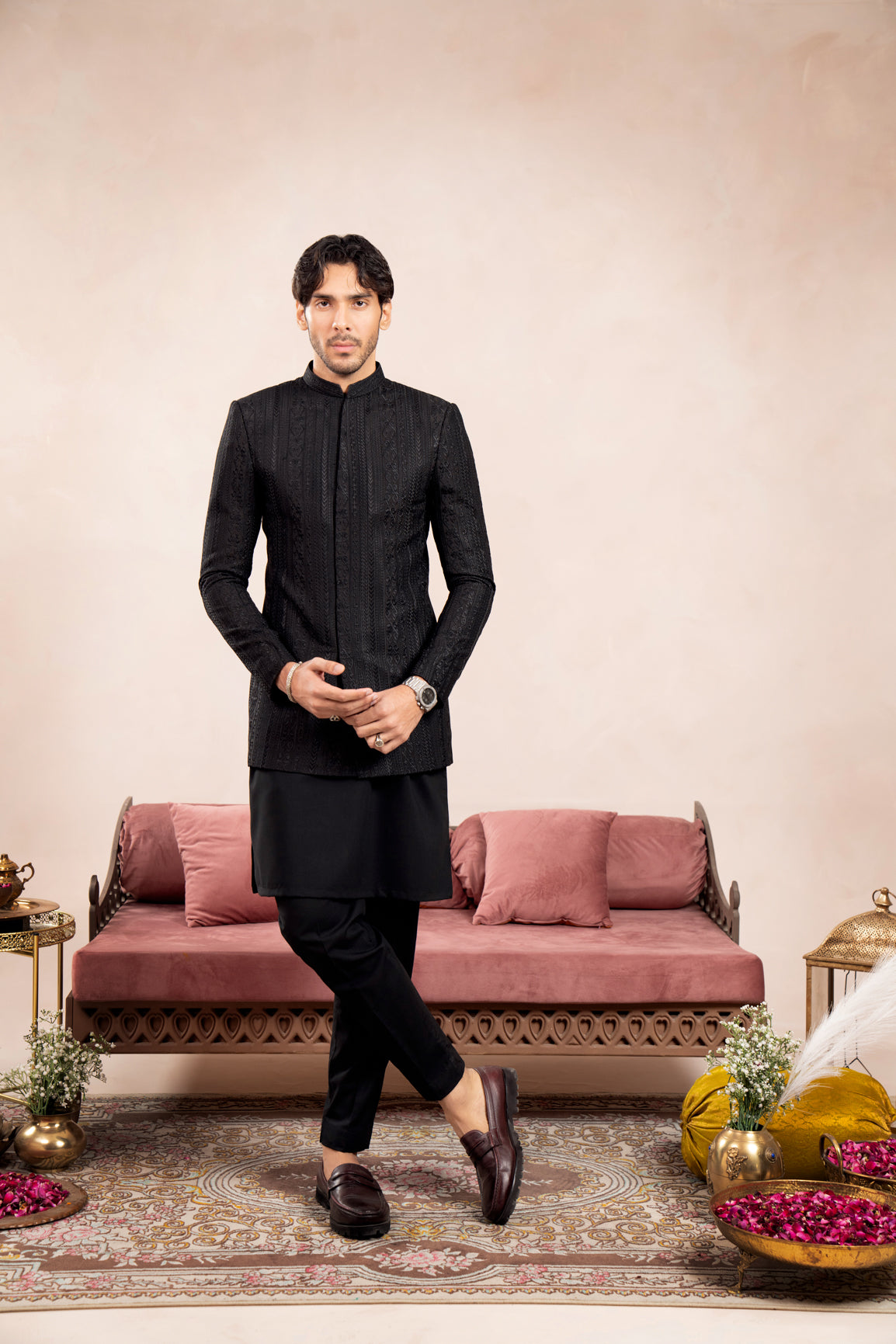 Black Kurta Trouser with Cross Stitched Embroidered Prince Coat - 3PC - Men