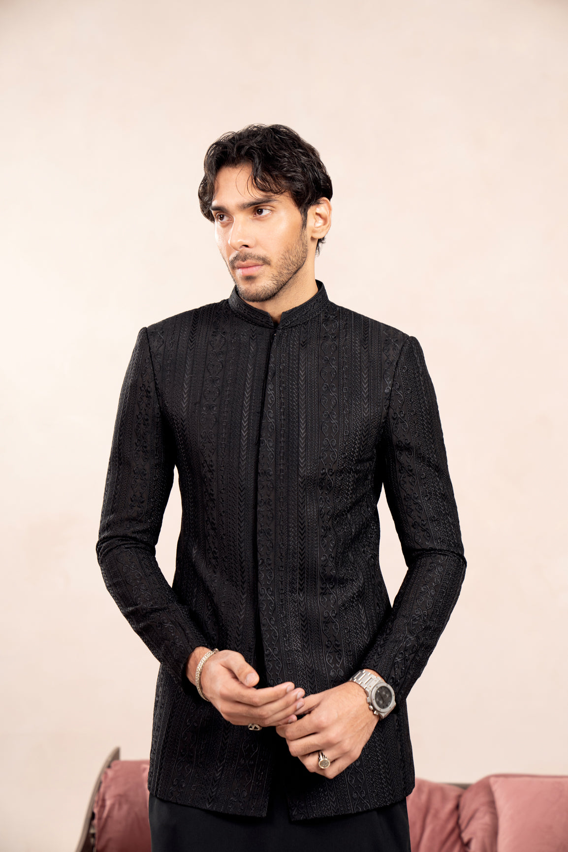 Black Cross Stitched Embroidered Prince Coat - Men