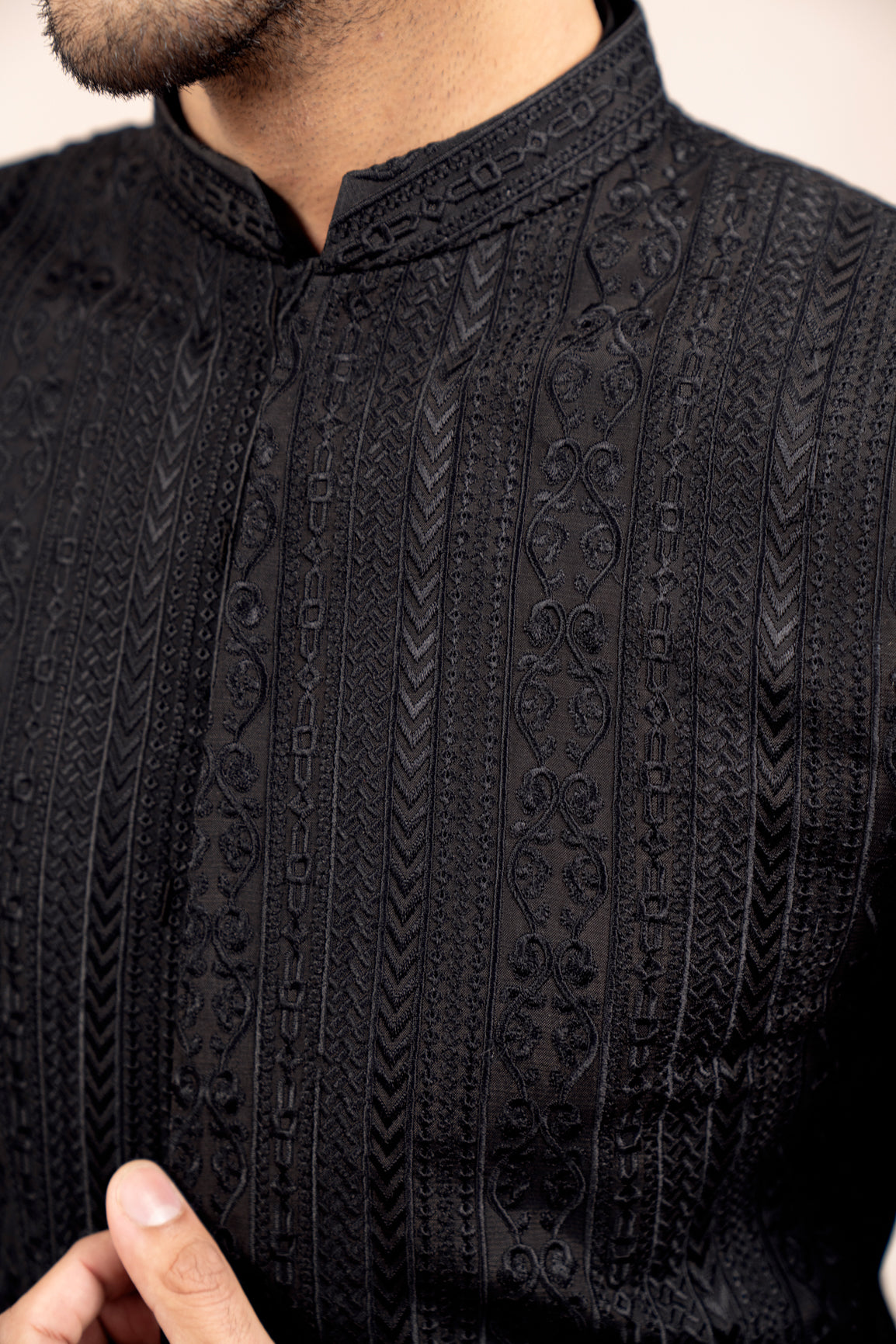 Black Cross Stitched Embroidered Prince Coat - Men