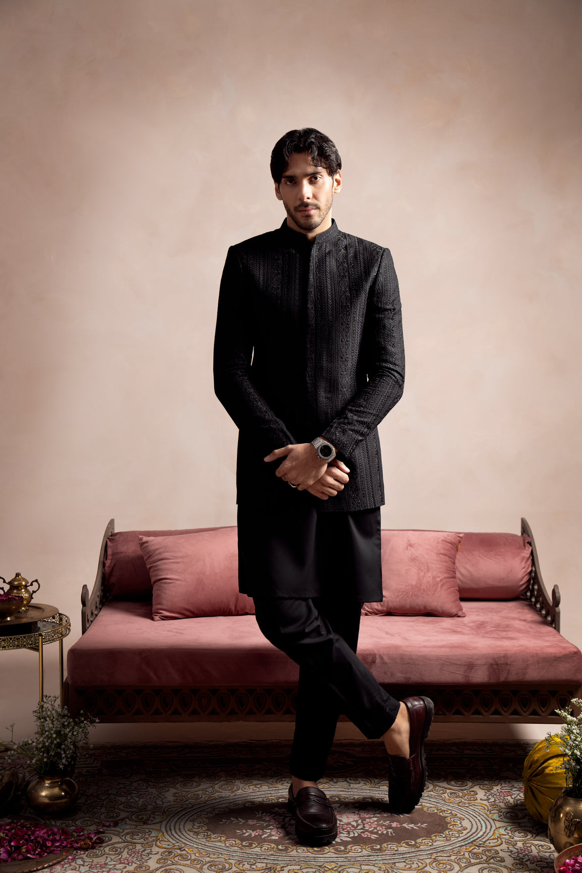 Black Kurta Trouser with Cross Stitched Embroidered Prince Coat - 3PC - Men