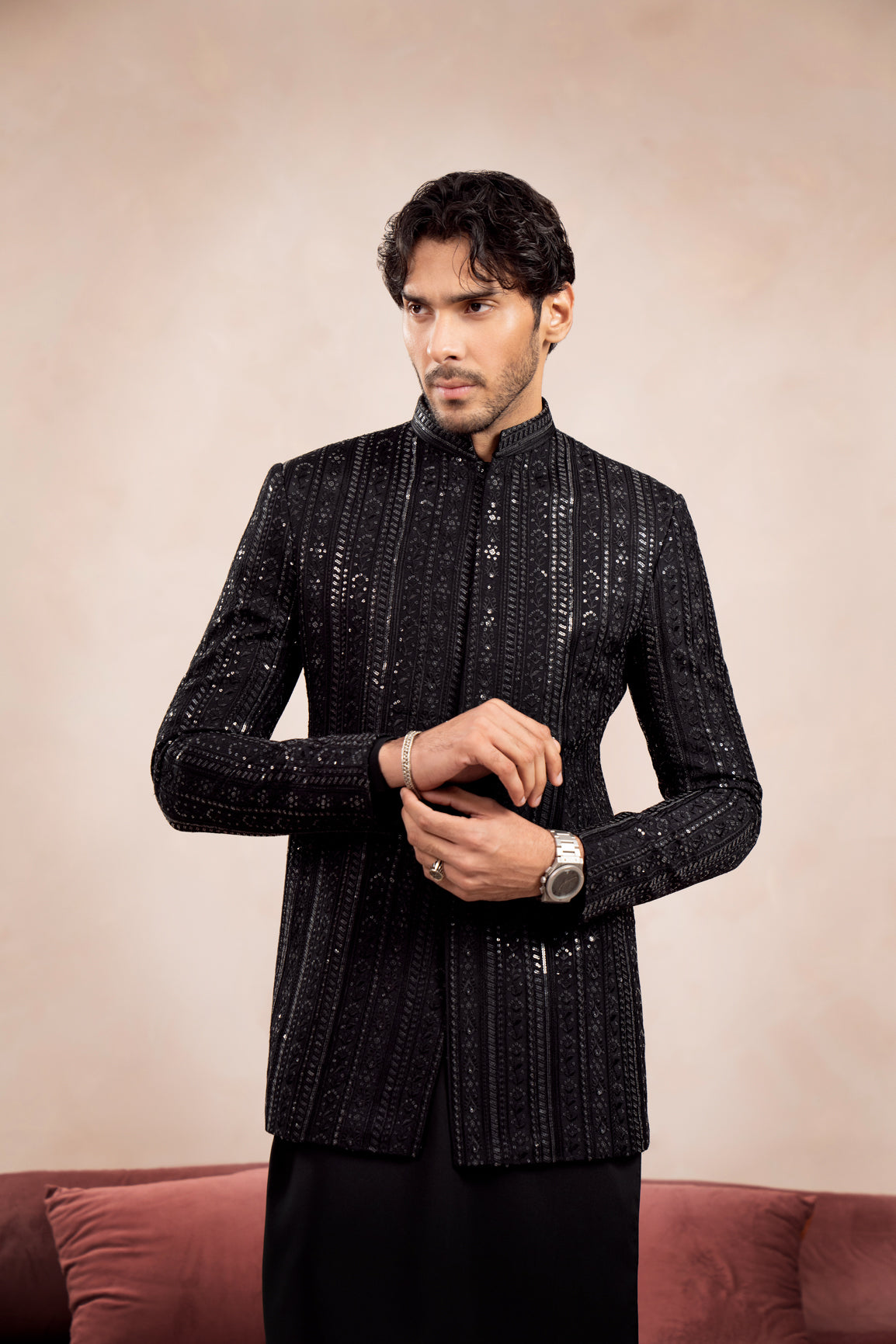 Black Falling Embroidered - Pani Sequin Prince Coat - Men