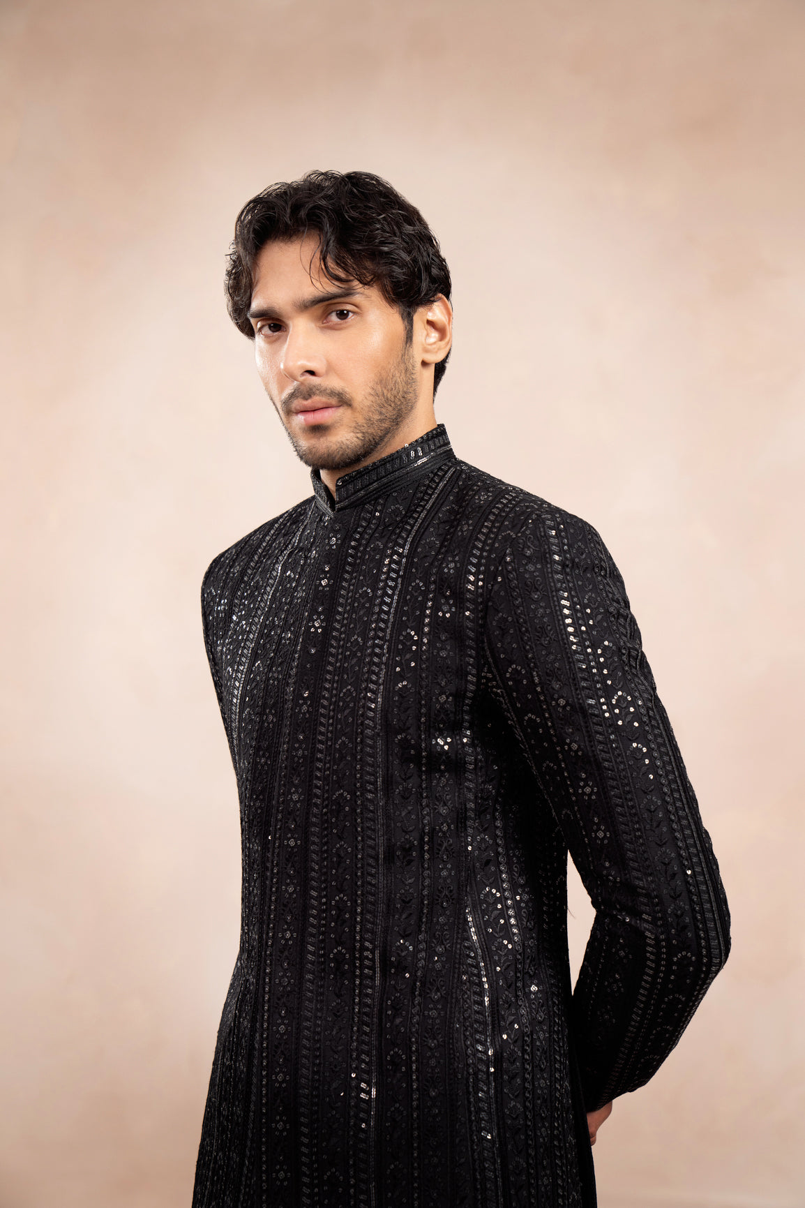 Black Falling Embroidered - Pani Sequin Prince Coat - Men