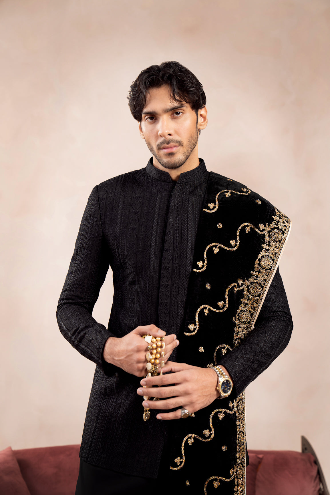 Black Embroidered Velvet Shawl - Men