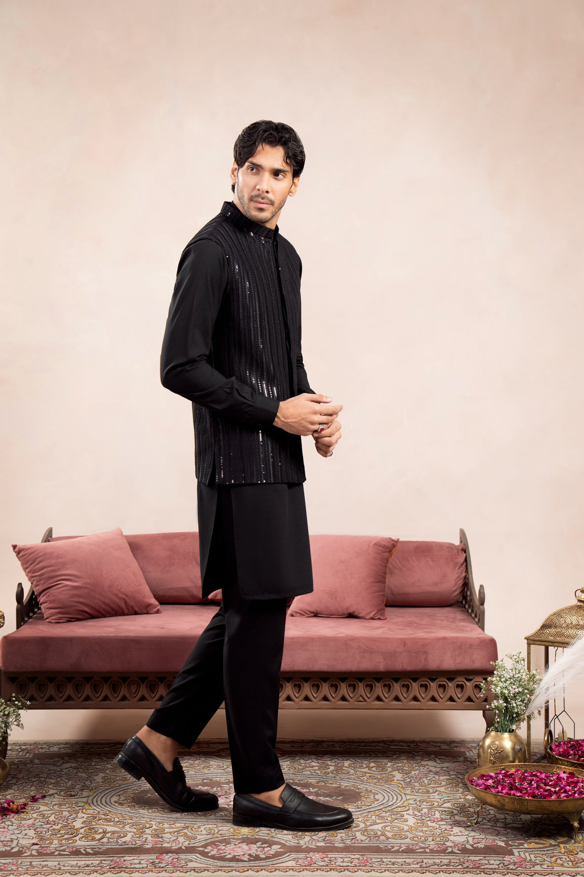 Black Kurta Trouser with Falling Arrow Embroidered Waistcoat - 3PC - Men