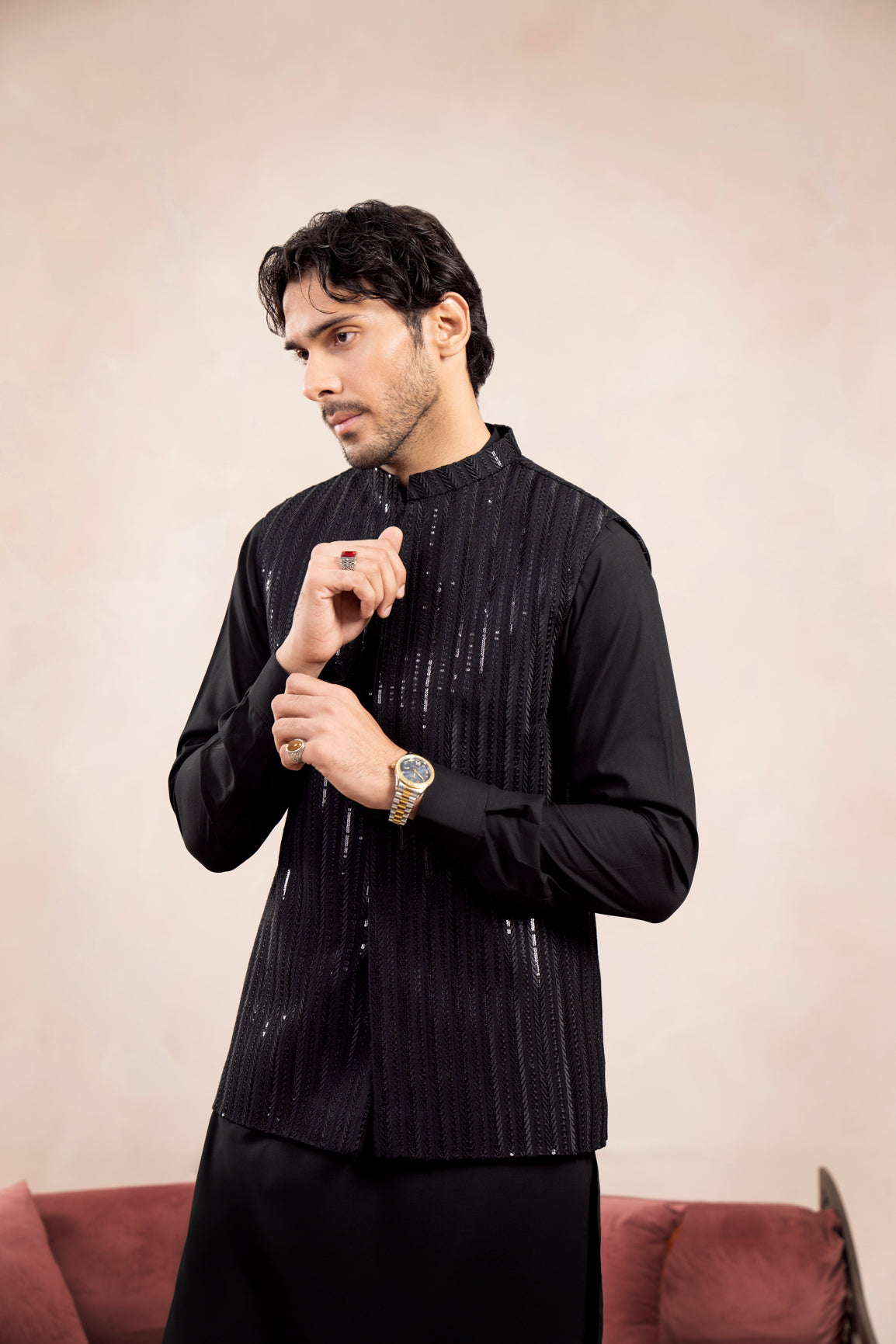 Black Kurta Trouser with Falling Arrow Embroidered Waistcoat - 3PC - Men