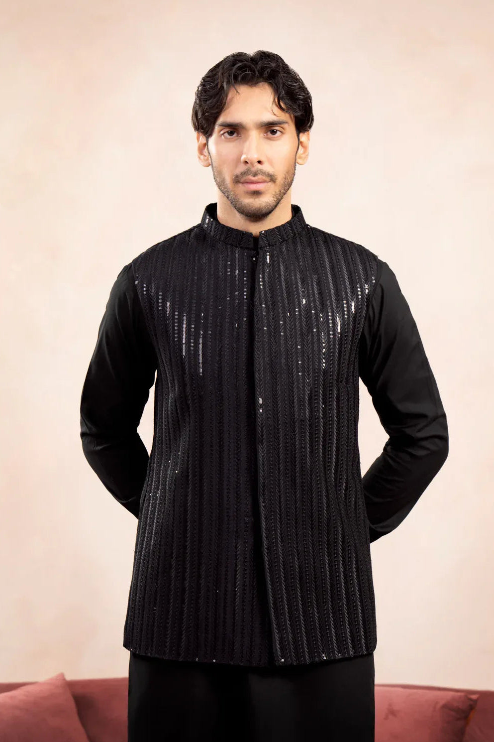 Black Falling Arrow Sequin Embroidered Waistcoat - Men - Muraqsh -- Wedding Wear