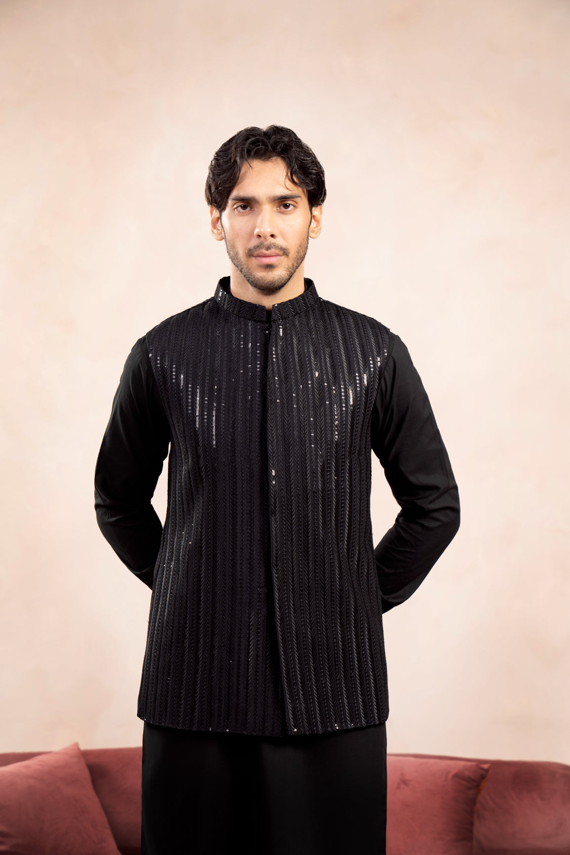 Black Kurta Trouser with Falling Arrow Embroidered Waistcoat - 3PC - Men