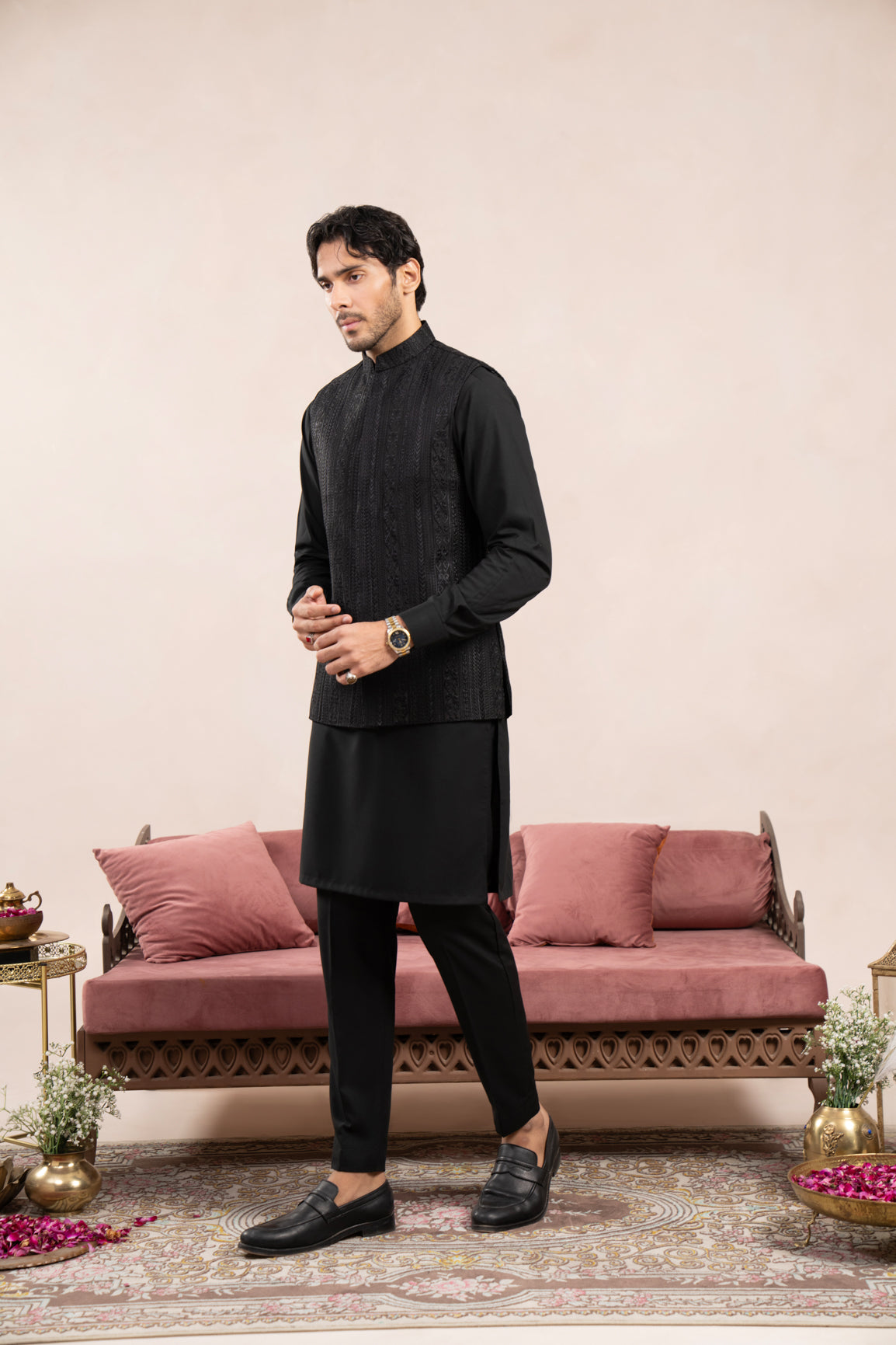 Black Kurta Trouser with Cross Stitched Embroidered Waistcoat - 3PC - Men