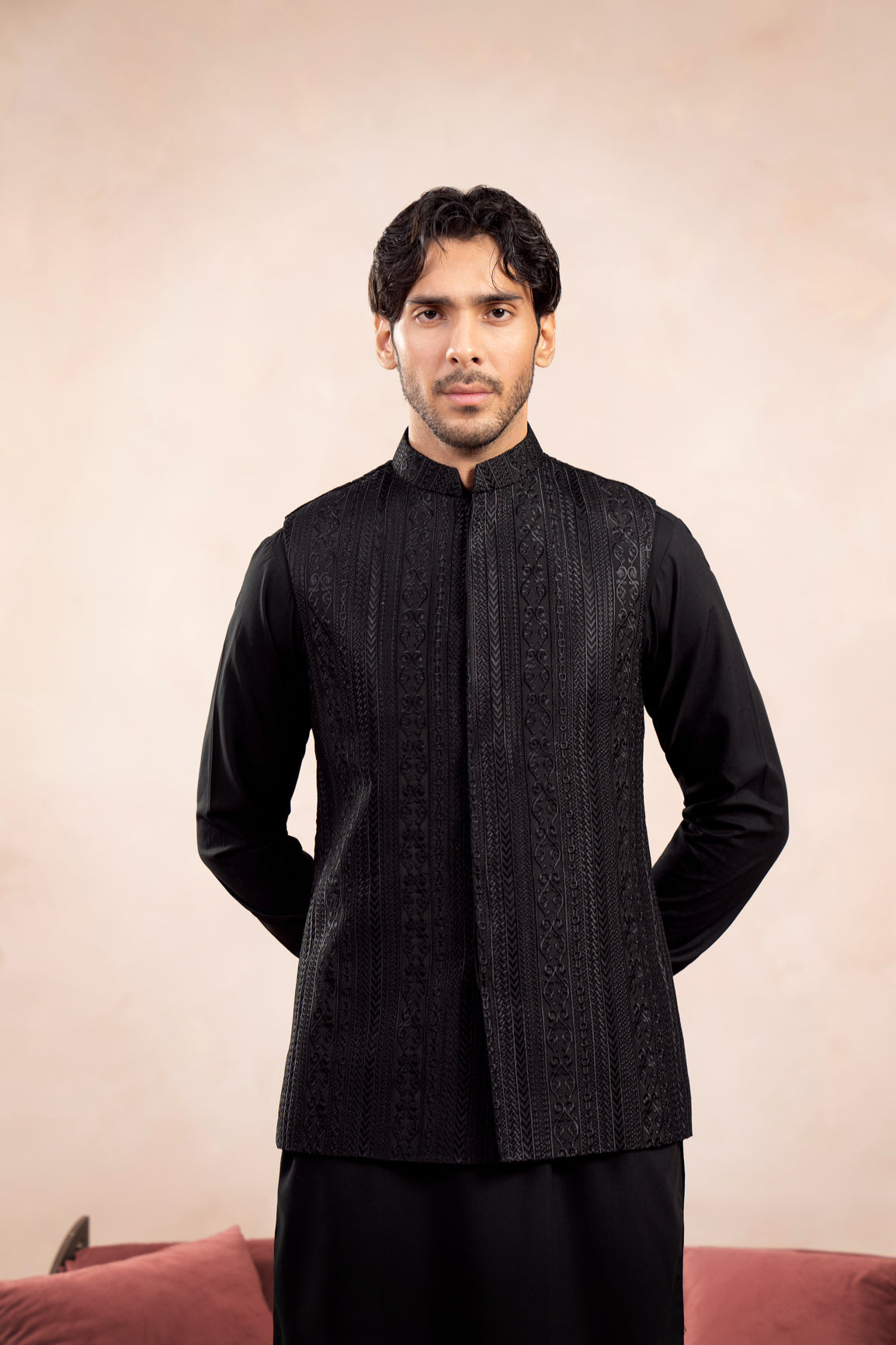 Black Kurta Trouser with Cross Stitched Embroidered Waistcoat - 3PC - Men